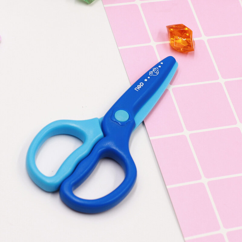 Deli colorido 12cm mini cabeça redonda tesoura de segurança de plástico estudante ferramenta de corte de papel jardim de infância suprimentos escolares criança brinquedos