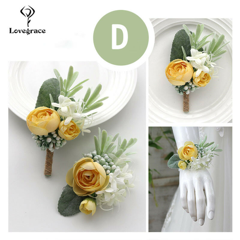 งานแต่งงาน Boutonnieres สร้อยข้อมือ Corsage ข้อมือเพื่อนเจ้าสาวดอกไม้ผ้าไหมสีขาวดอกกุหลาบเจ้าบ่าวเข็มกลัด Pins แต่งงาน Cuff สายรัดข้อมือ
