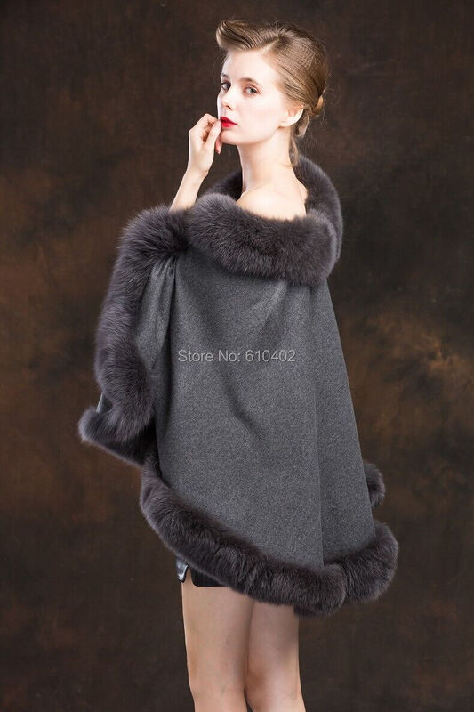Senhora genuína real cashmere genuína pele de raposa casaco "a" palavra estilo capa poncho/xale//capa envoltórios