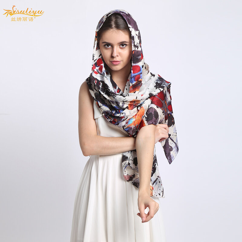 [Lenço longo] 100% seda crinkle cetim cachecol 55cmx180cm puro lenço de seda natural feminino xale 2017 novo hijab xale