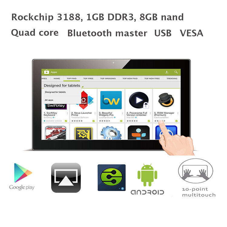 15.6 인치 쿼드 코어 안드로이드 올인원 데스크탑 pc, (RK3188 1GB RAM 8GB nand 플래시, 블루투스, VESA, 벽 브래킷)