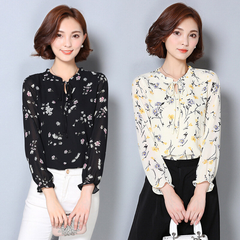 Printed Chiffon Shirt Fall Spring Loose Slim Blouse Tops Ladies Long Sleeves Round Collar New Korean Casual Clothes H9024