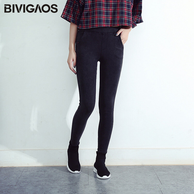 Bivigaos-色あせたデニムレギンス,女性用,傾斜ポケット,ペンシルパンツ,伸縮性,タイト