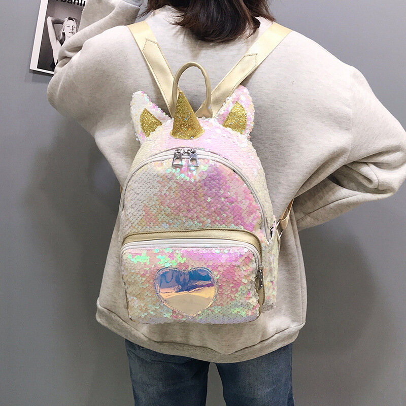 Gold Silver Sequins Unicorn Backpack Fashion Glitter School Book Bag Girls Cute Hologram Laser PU Leather Travel Mochila
