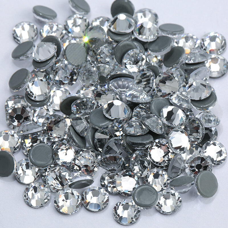 Diamantes de imitación de cristal transparente, parte posterior plana, piedras de cristal Strass, SS6-SS40, fijación en caliente, para decoraciones de ropa