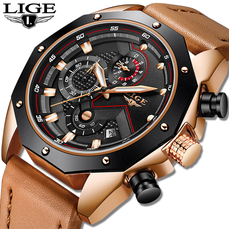 LIGE hommes montres Top marque de luxe Quartz or montre décontracté en cuir militaire étanche Sport montre-bracelet Relogio Masculino