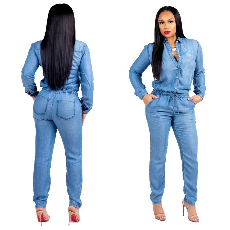 Thời trang Mùa Thu Áo Liền Quần phụ nữ denim Playsuits cộng với kích thước Bodysuits Dài Tay Áo Rompers jeans