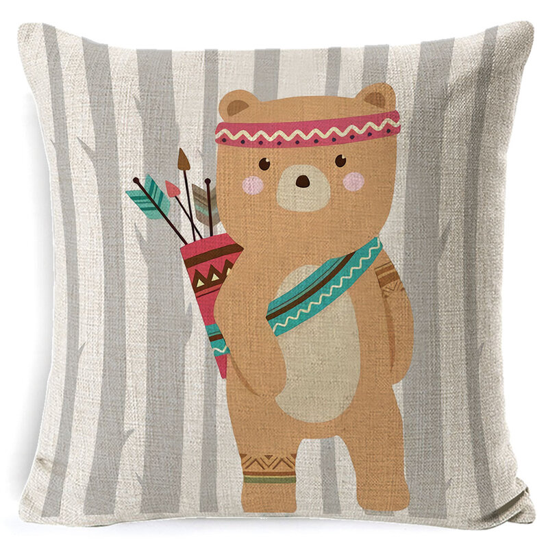Tribu bois Animal housse de coussin ours renard imprimé taie d'oreiller en lin décoratif pour chaise canapé décor à la maison jeter taie d'oreiller