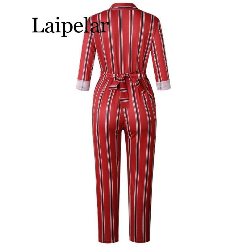 Fashion striped printed jumpsuits for women 2019 Half sleeve turn down collar long rompers womens jumpsuit Autumn new overalls