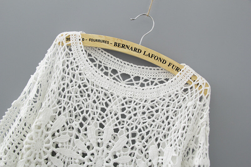 Camisa de renda oca feminina, blusas sensuais, meia manga, branca, algodão, tops casuais de crochê, roupas femininas, moda verão, 2018, 1811