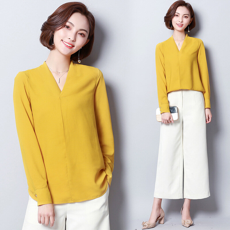 ฤดูใบไม้ผลิฤดูร้อนเสื้อชีฟองใหม่หลวมเกาหลี V คอยาวแขนเสื้อผู้หญิงขนาดใหญ่สี Leisure เสื้อผ้า H9049