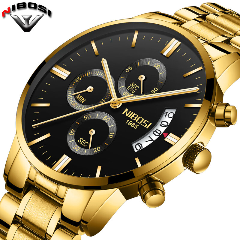 2019 Nibosi Goud Quartz Horloge Top Brand Luxe Mannen Horloges Mode Man Horloges Rvs Relogio Masculino Saatler