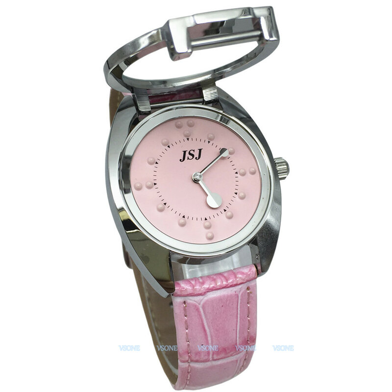 Relógio Tátil Para Deficiência Visua, Mostrador Rosa, Pulseira De Couro Rosa