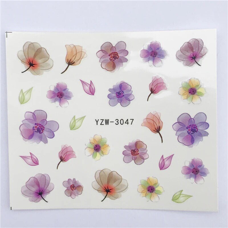YWK 1 hoja de diseños calientes de agua púrpura hermosa flor pegatina uñas arte láminas para decoraciones de manicura DIY