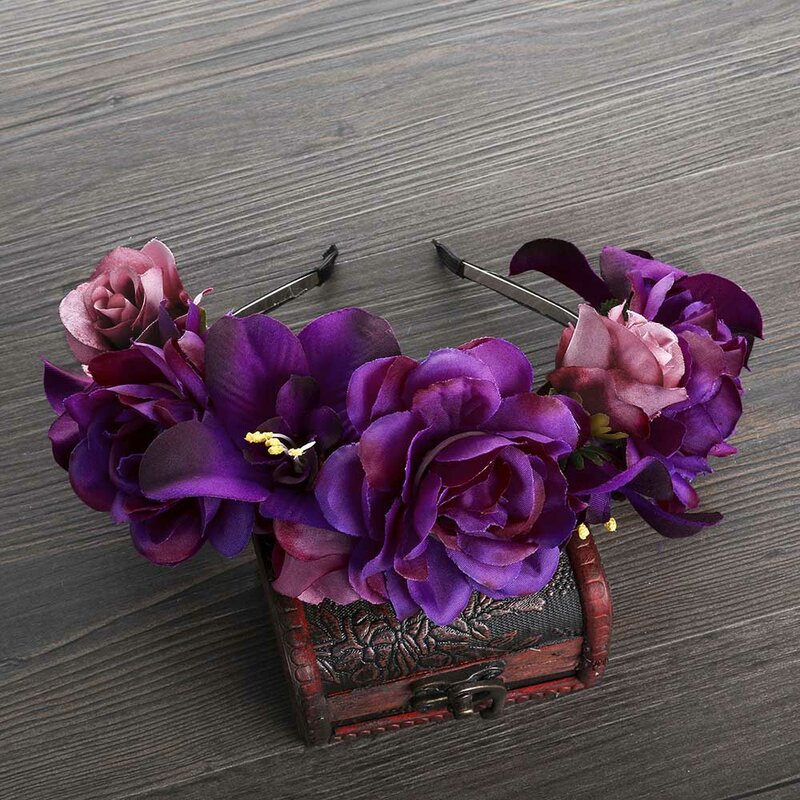 MOLANS 신부 웨딩 모자 시뮬레이션 장미 꽃 왕관 머리띠, 보라색 꽃 왕관 화환, Chapau 액세서리