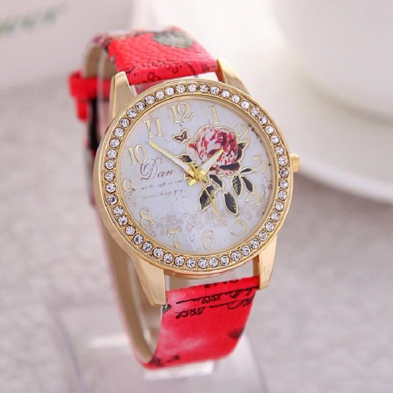 Reloj de pulsera con correa de cuero para mujer, cronógrafo femenino con diseño de flor rosa, correa de grafiti