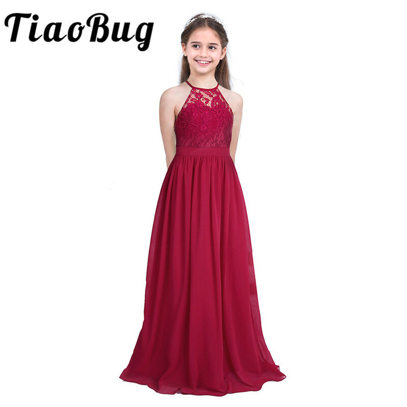 Платье Tiaobug с цветочной вышивкой для девочек, кружевные Элегантные платья с лямкой на шее для свадебной вечеринки, подружки невесты, выпускного вечера, официальное платье для святой причастия