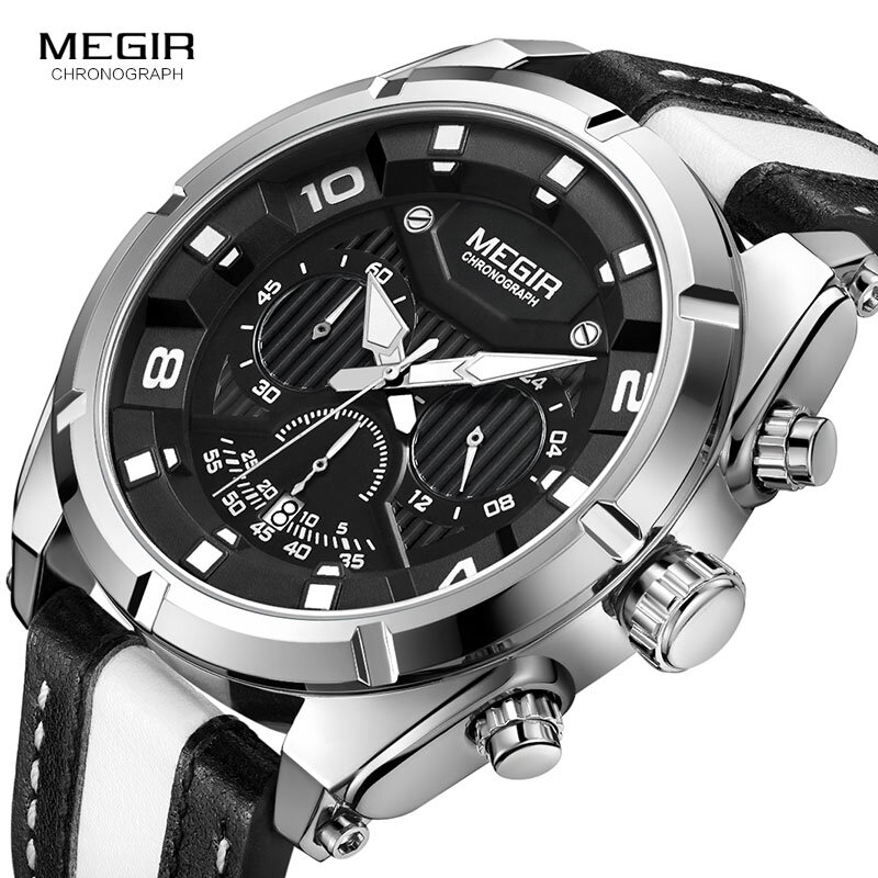MEGIR – montre-bracelet étanche en cuir pour hommes, sport de plein air, marque de luxe, chronographe, 2076