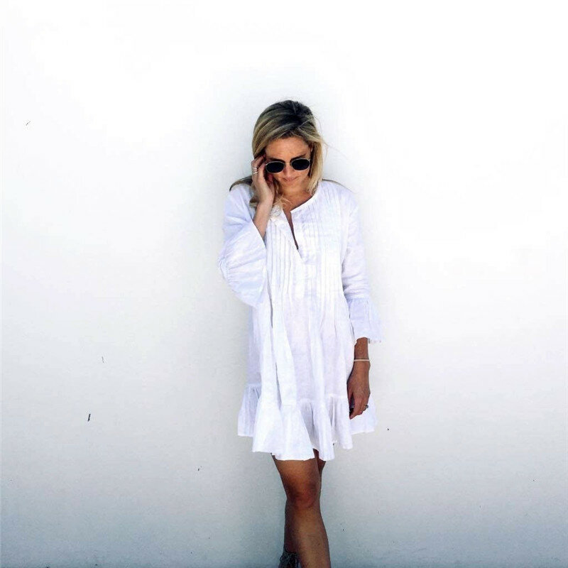 Biała koronka szydełkowa tunika plażowa kobiety odzież plażowa 2019 V Neck bikini z długim rękawem 2019 okrycie plażowe Ups drążą strój plażowy kobiet