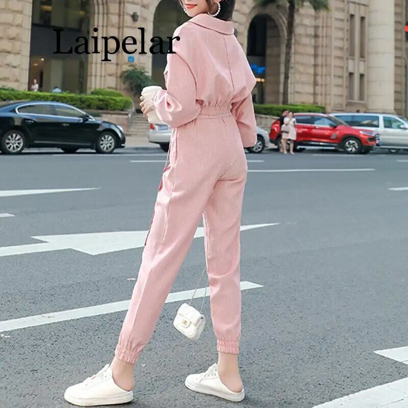 Laipelar women long sleeve two pieces set jacket full length pants solid sash casual
