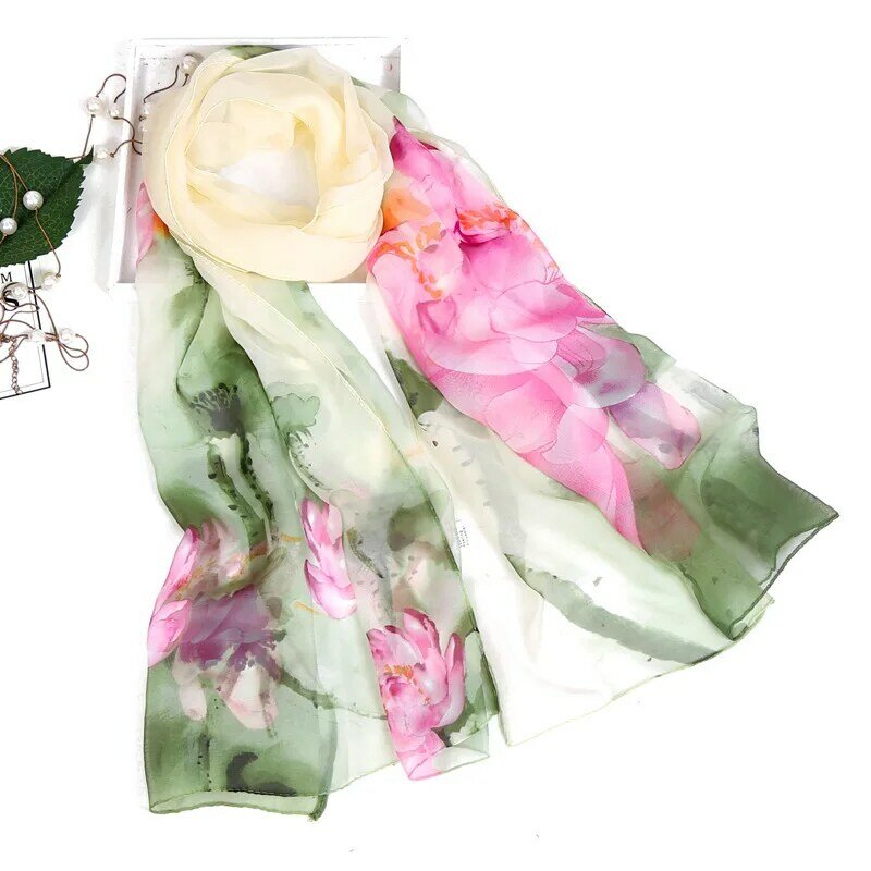 Georgette-bufanda de gasa con estampado de flor de Rosa y hoja de loto para mujer, Bandana larga con protección solar, chal de envoltura, HY139, nueva moda