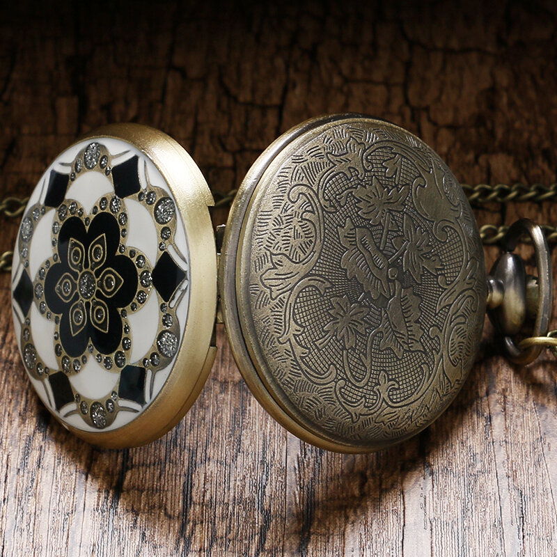 Vintage Bronze białe miedziane Jade kwiat kryształ duży kwarcowy damski zegarek kieszonkowy naszyjnik łańcuszek z wisiorem urodziny prezenty piękny zegar