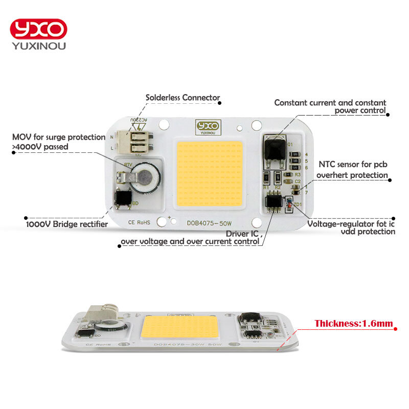 Lâmpada de lâmpada YXO YUXINOU Smart IC, projector LED, projector, DOB Chip, sem necessidade de driver, DIY, 50W, 40W, 30W, 20W, 10W, 220V AC