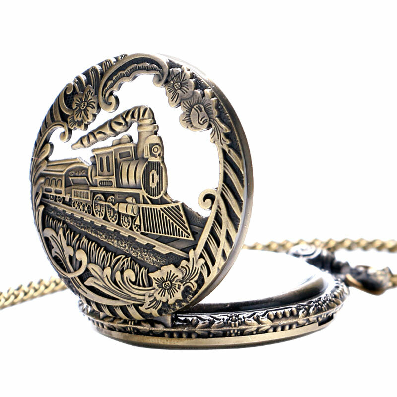 Reloj de bolsillo de cuarzo Steampunk para hombres y mujeres, locomotora de tren hueco de bronce Retro Vintage, COLLAR COLGANTE con cadena, regalo de cumpleaños