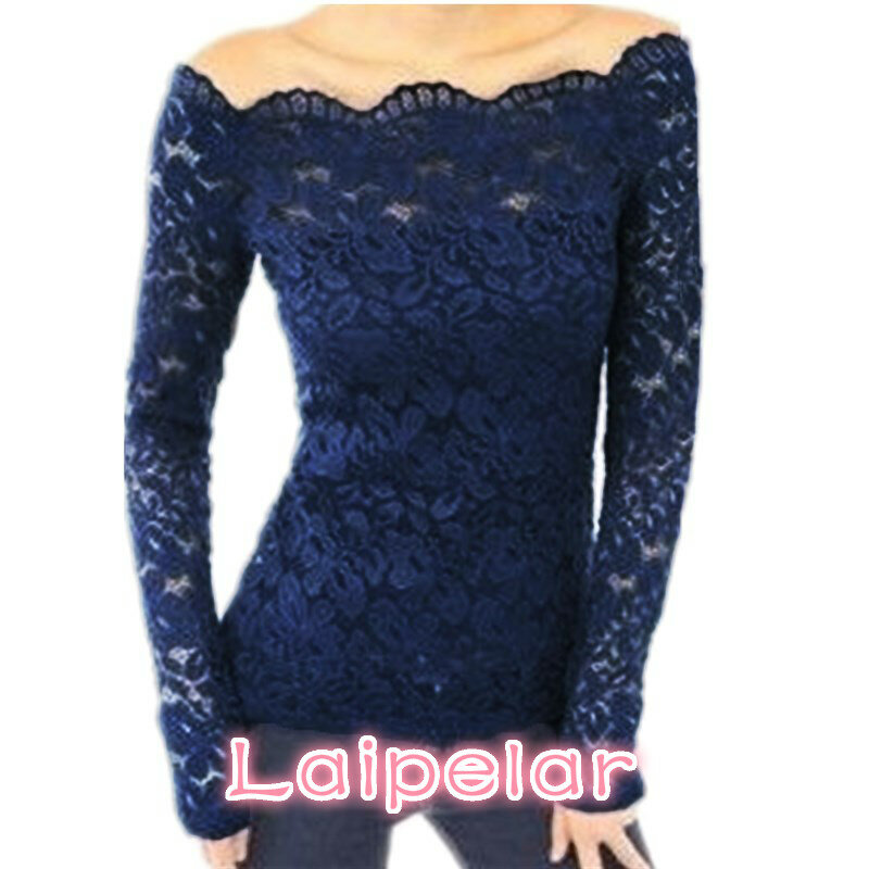 Laipelar Women Tops 가을 섹시한 블라우스 오프 숄더 슬래시 넥 레이스 솔리드 셔츠 긴 소매 슬림 캐주얼 블라우스 플러스 사이즈