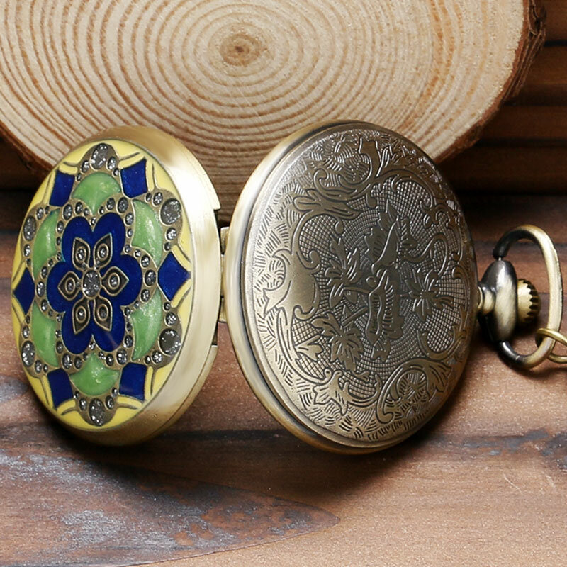 Reloj de bolsillo Vintage para hombres y mujeres, collar con colgante de cadena, verde, Jade, bronce, regalo, P52