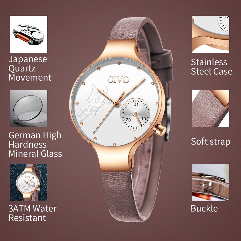 CIVO 2019 nowych moda damska zegarek kwarcowy prawdziwej skóry zegarki motyl bransoletka damska sukienka zegarka kobiet zegarek zegar