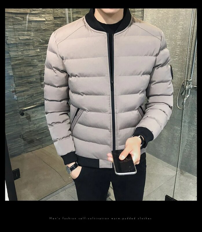 Down Cotton Jacket with Standing Collar for Men, Slim Fit, Regular Length, Plus Size, M-XXXXL, Solid Color, Keep Warm, Z266, New