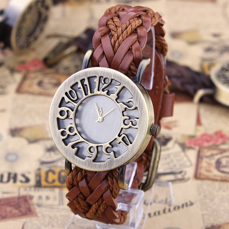 Shsby nowy styl rzymski Vintage cyfrowy drążą oryginalna krowa ręcznie tkane skórzany pasek zegarki kobiety ubierają zegarki