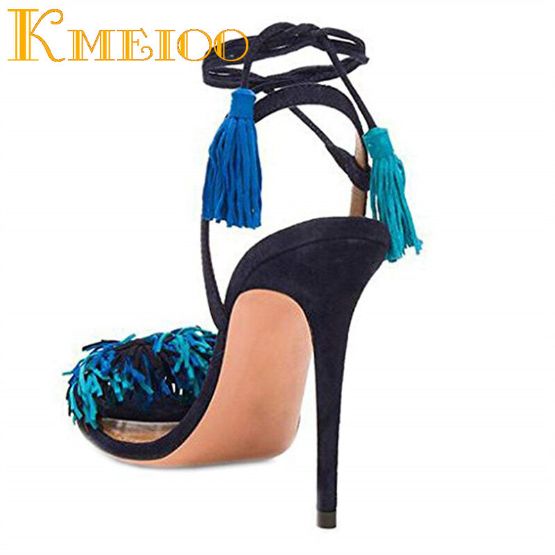 Kmeioo Women Shoes Fringe Sandals Lace Up High Heels Slingback Pumps Ankle Ties Tassels Thin Heels 12CM Dress Shoes