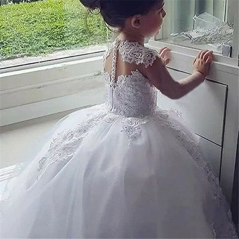 Vestido de baile sin mangas para niña, vestidos de princesa con flores, apliques con cuentas, impresionante, bonito vestido de primera comunión blanco