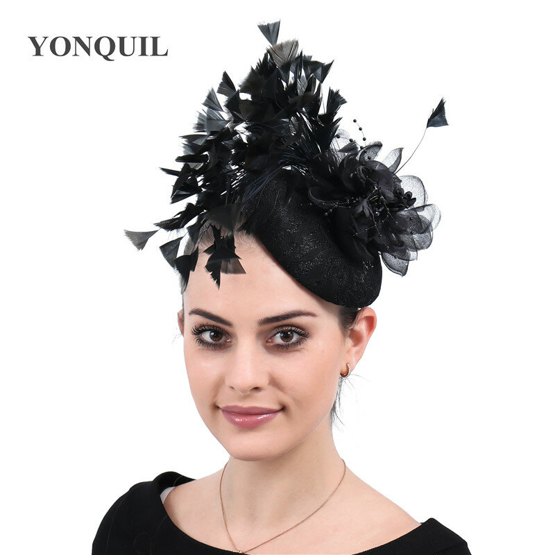 Vitage czarne fascynatory ślubne kapelusze eleganckie damskie czapki herbaciane damskie akcesoria do włosów ślubne zamężne nakrycia głowy