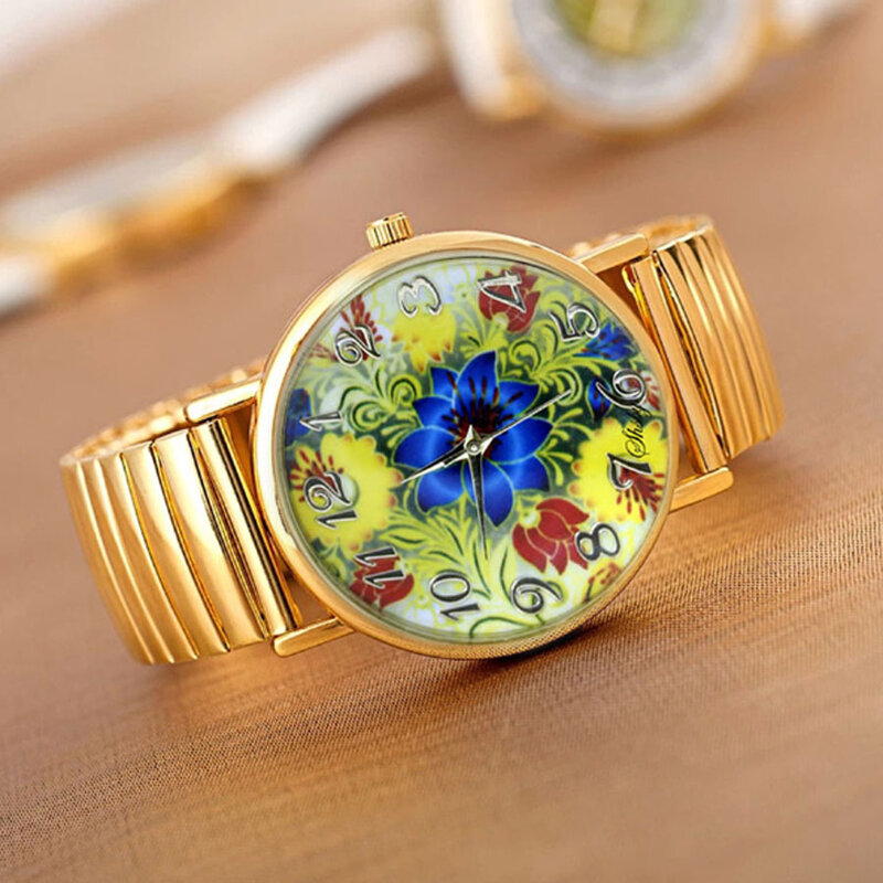 Shsby baru Elastis stainless jam tangan wanita jam tangan Emas gelang jam kasual jam tangan bunga berwarna Cerah gadis jam tangan