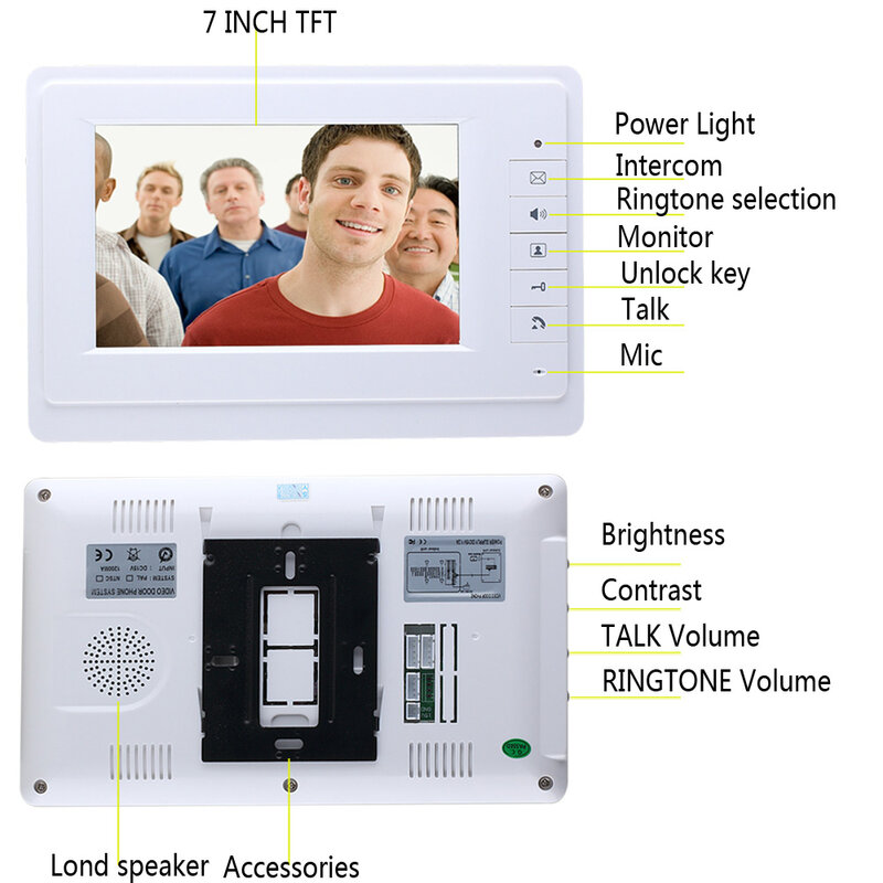 7-дюймовый цветной TFT монитор, видеодомофон, домофон, дверной звонок