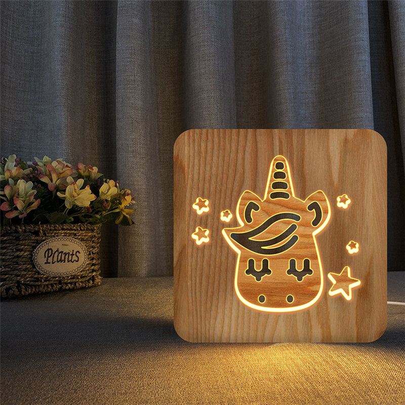 Luminária de mesa em madeira para bebês, lâmpada criativa de unicórnio com usb, 3d, luz decorativa de mesa para quarto, bebê, presente, iluminação decorativa