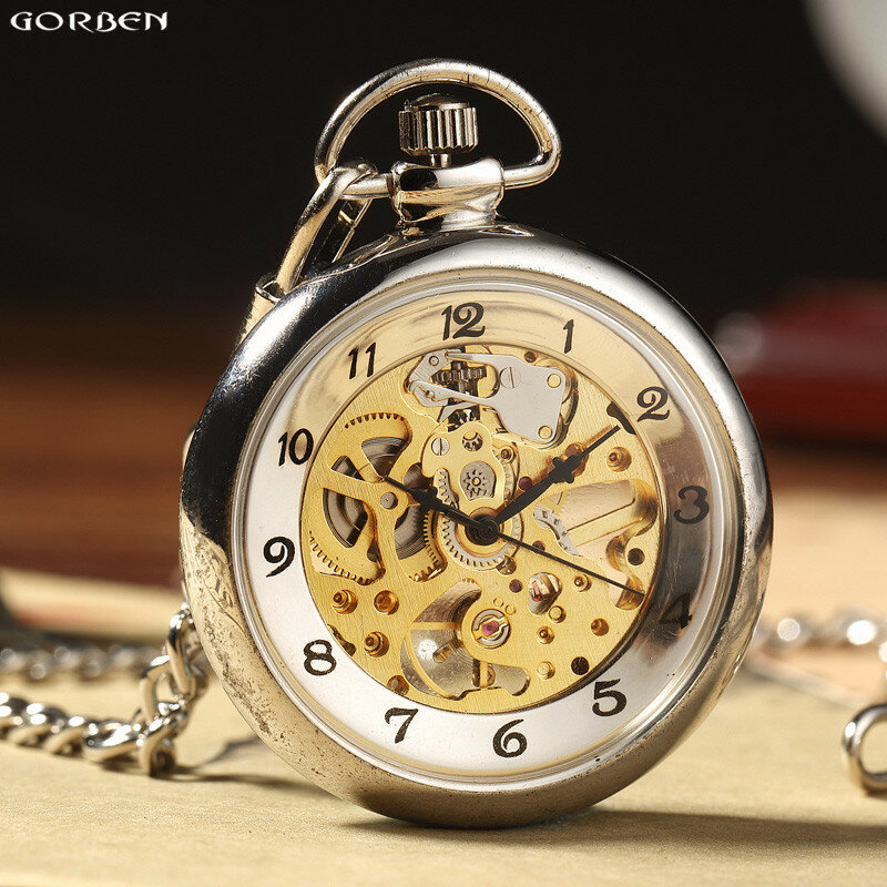 Luksusowy, szkieletowy, steampunkowy, mechacniczny zegarek kieszonkowy z na łańcuszku FOB, gładką stalową metalowy zegar ręcznie nakręcany zegarków z wisiorkiem
