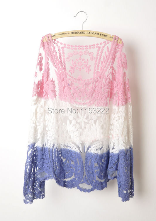 Blusa de renda bordada fofa para mulheres, camiseta de renda semi transparente floral, de crochê, de manga comprida com degradê