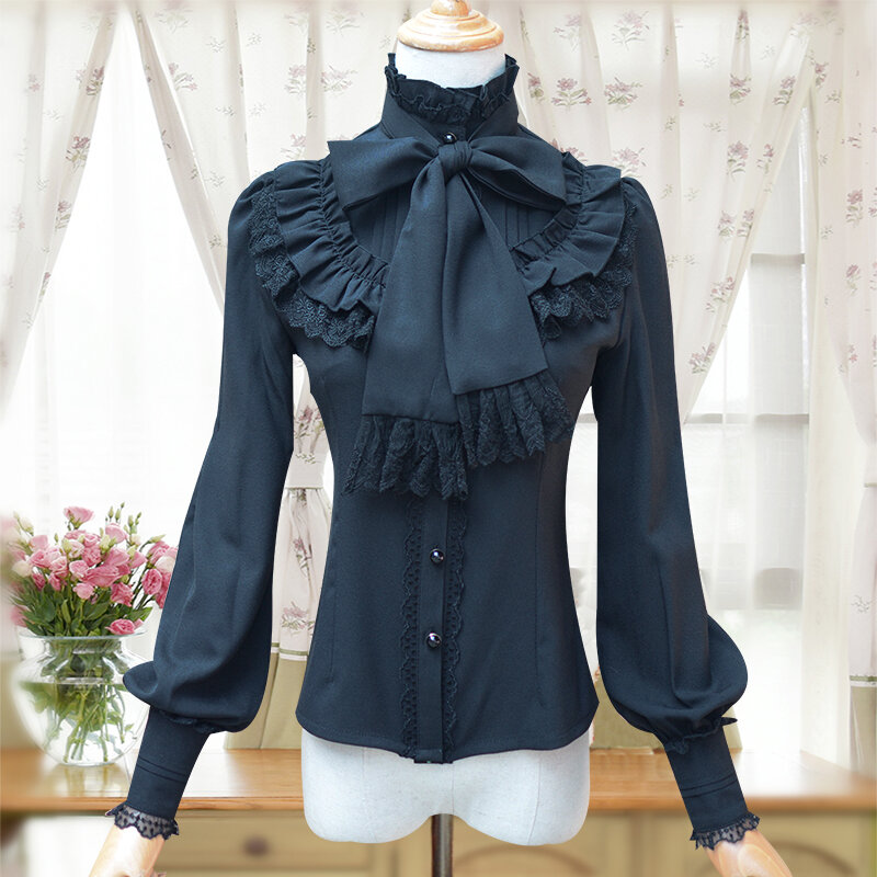 Женская шифоновая блузка с длинным рукавом, винтажная кружевная блузка в стиле "Лолита" с оборками и бантом, приталенная рубашка в готическом стиле с высоким воротником для девушек в западном стиле, весна