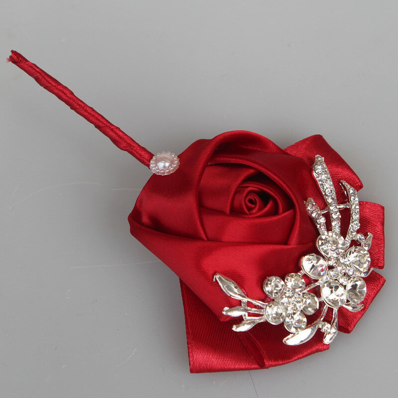 Top Quality Diamond Silk WineRed Color Bouquet Corsage Diamond Rose Accessories for Wedding Bride and Groom Brooch Pin X1104-1