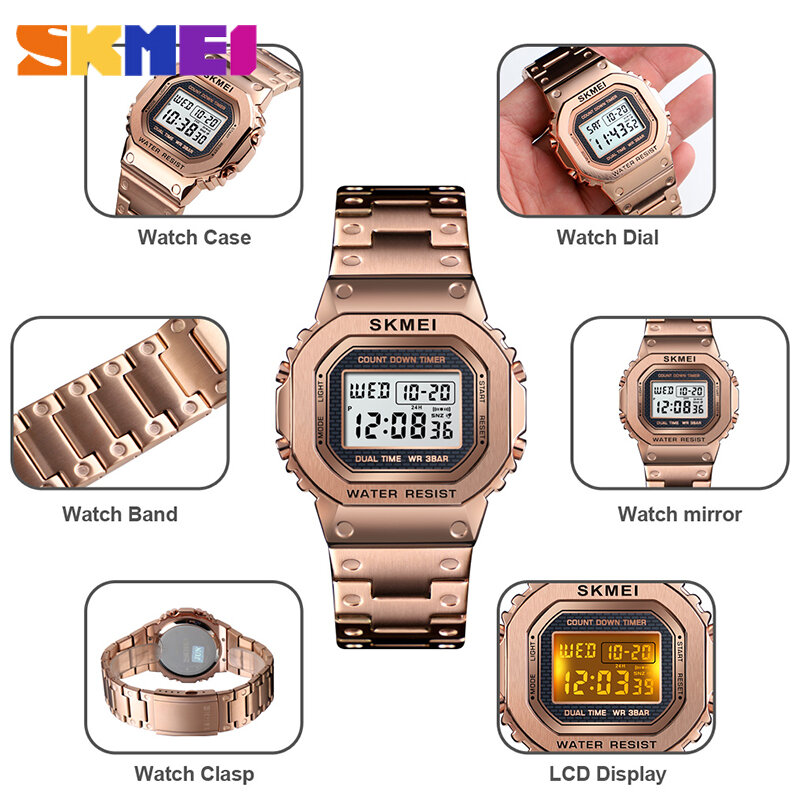 SKMEI Sport zegarka kobiet G stylu LED zegarki cyfrowe pełna stali nierdzewnej szok wodoodporny chronograf budzik na świeżym powietrzu mężczyzna zegarek na rękę