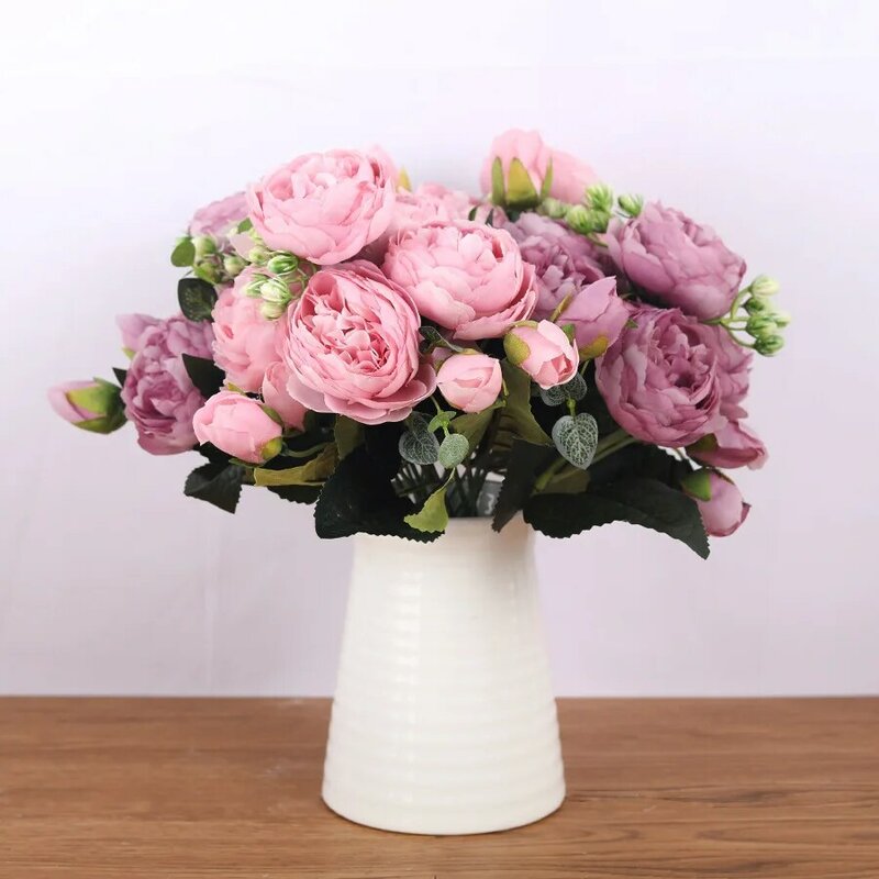 Buket Sutra Merah Muda Mawar 30Cm Bunga Buatan Peony 5 Kepala Besar 4 Tunas Kecil Pengantin Pernikahan Dekorasi Rumah Bunga Palsu Palsu