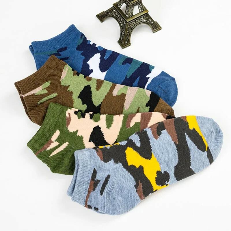 Calcetines tobilleros con diseño de camuflaje para hombre, medias divertidas con personalidad, transpirables, elásticos, de excelente calidad, para verano y otoño, 4 pares