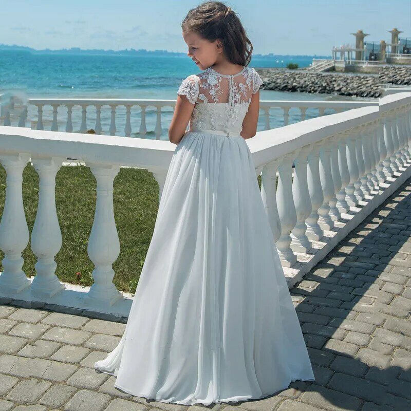Flower Girl Dresses With Bow Beaded Crystal Lace Up Applique Ball Gown First Communion Dress for Girls Customized Vestidos Longo