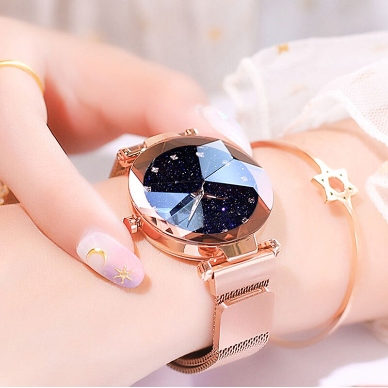 Senhoras de luxo relógio de aço inoxidável ímã malha com estrelado luminosa brilhando diamante moda feminina relógio de quartzo relogio feminin