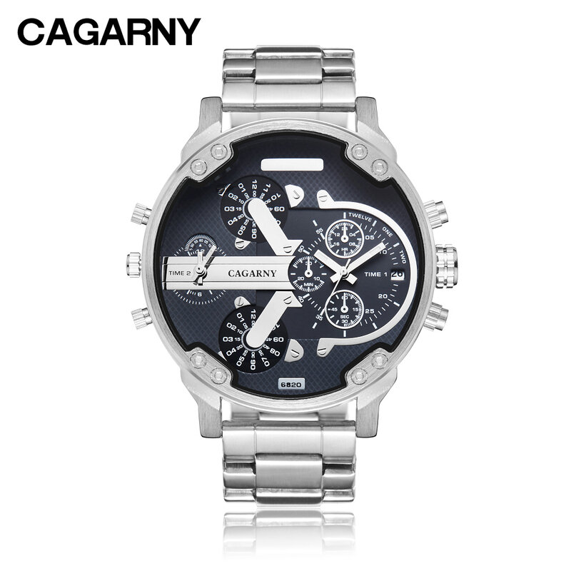 Cagarny-reloj deportivo de acero inoxidable para hombre, cronógrafo de cuarzo, resistente al agua, con fecha, 2 veces
