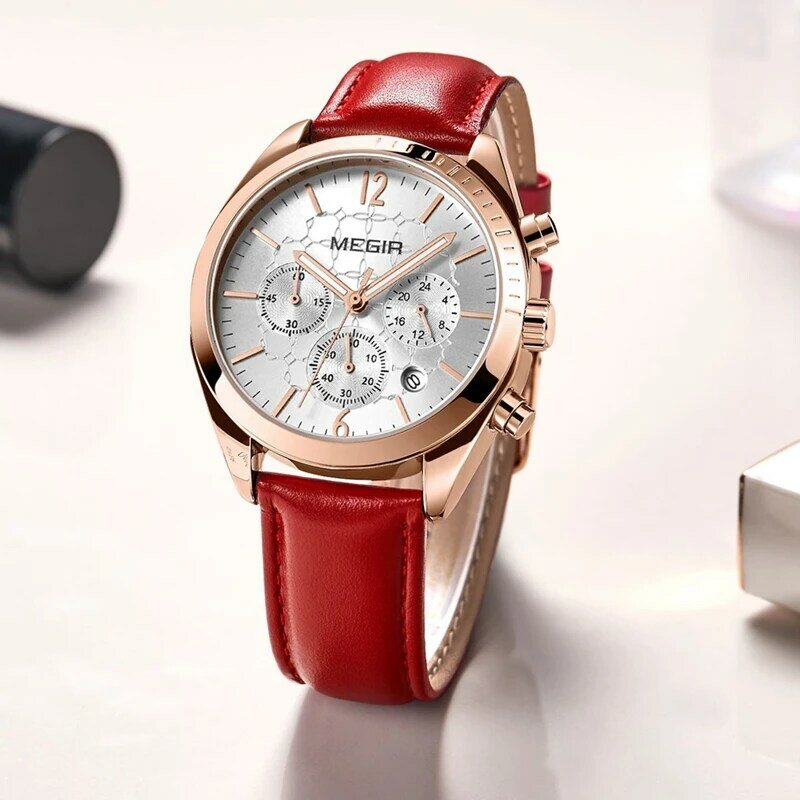 MEGIR luxe Auto Date Quartz dames montre en cuir mode montre femmes horloge Reloj Mujer femmes bracelets de montre chronographe